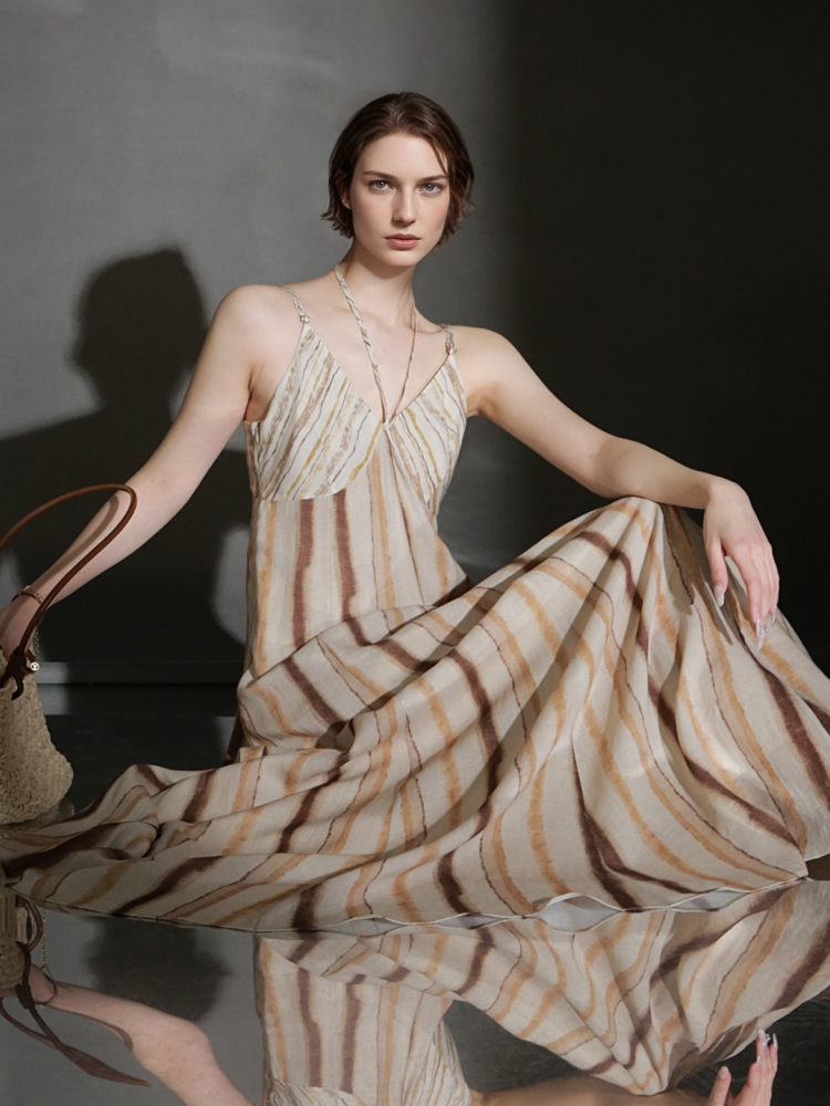 PIAOIN resort-style vertical stripe design sundress women's halterneck design cinched waist dress -GISELLE