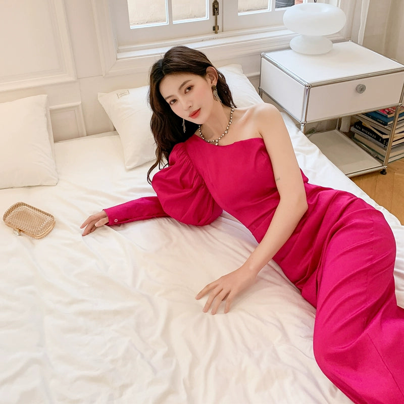 DOLLY Elegant Pink One Shoulder Lantern Sleeve High waist Slit Long Party Dress-KATE