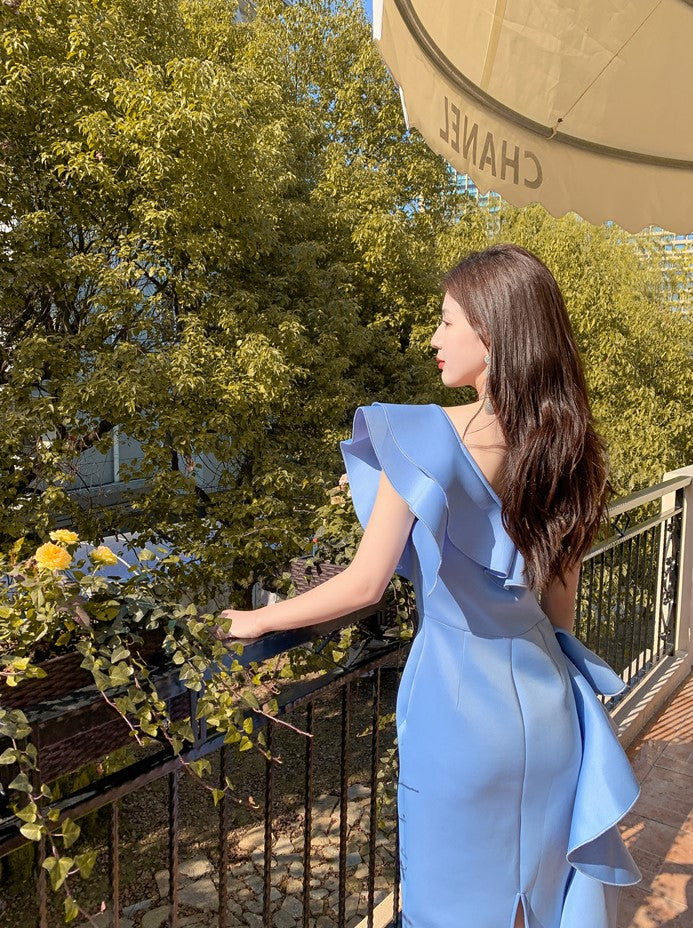 DOLLY Elegant Off Shoulder Ruffle Slim Fit Midi Wedding Guest Dress-JADE