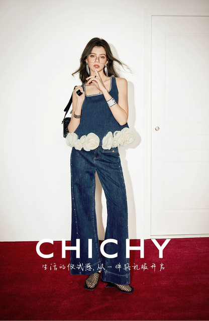 CHICHY retro Hong Kong style dark blue denim wide-leg trouser vest suit -PHARREL