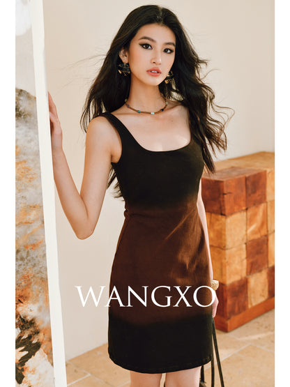 WANGXO |Long-Staple Cotton Neckline and Waist-Cinched Cropped Denim Dress -LANA