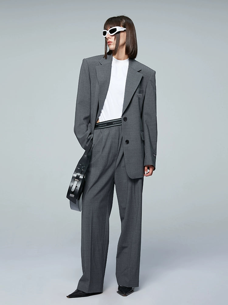 ANNAKIKI designer gray wool elastic waist wide-leg casual trousers-UZUMAKI