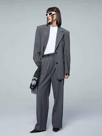 ANNAKIKI designer gray wool elastic waist wide-leg casual trousers-UZUMAKI