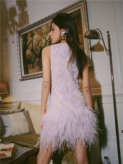 Wardrobes by Chen Purple Round Neck Sleeveless Dinner Feather Dress-Xera