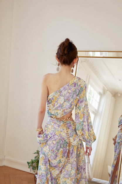 DOLLY Luxury French Style Floral One Sleeve Off Shoulder Waist Baring Slit Resort Dress-LYRA