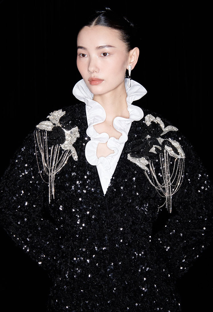 M essential Mackay designer three-dimensional silver orchid catenary beaded jacket - tems.