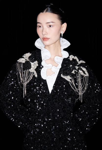 M essential Mackay designer three-dimensional silver orchid catenary beaded jacket - tems.