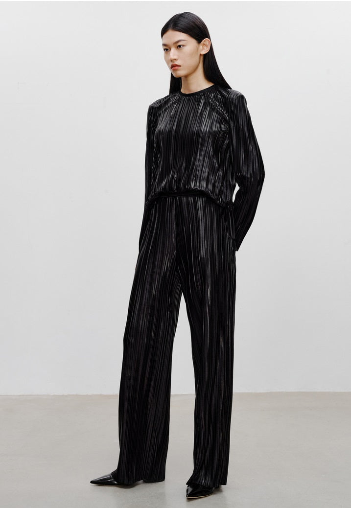 COMME MOI Lv Yan designer women's pin-pleated crewneck top commuter shirt - IVY.