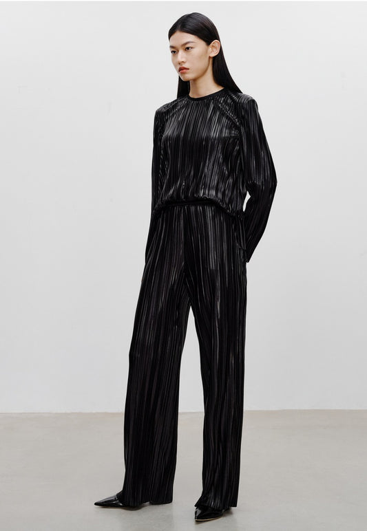 COMME MOI Lv Yan designer women's pin-pleated crewneck top commuter shirt - IVY.