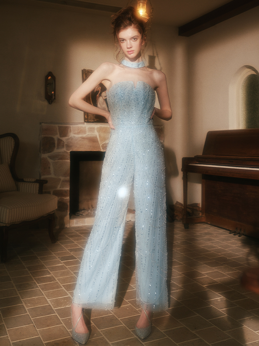 Wardrobes by Chen Luxury Diamond Chain Tassel Fur Coat/Beaded Jumpsuit-Divine