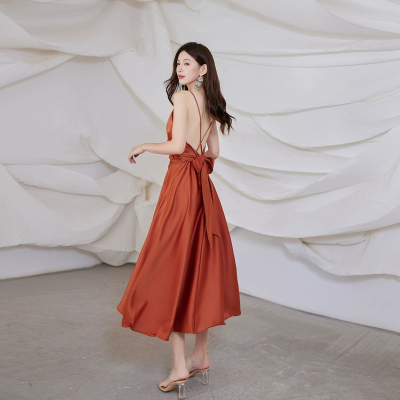 DOLLY Elegant French Style Satin V-Neck Sleeveless Backless Banquet Dress-XENA