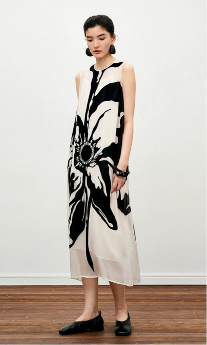 ZHUCHONGYUN Summer Ink Dot Floral Straight Sleeveless Dress--SAKI.