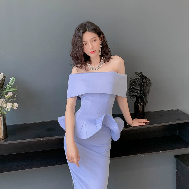 DOLLY High End Off Shoulder Peplum Tube Top Slim Fit Wedding Guest Dress-HANS