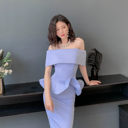 DOLLY High End Off Shoulder Peplum Tube Top Slim Fit Wedding Guest Dress-HANS