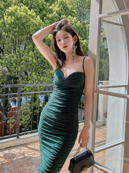 DOLLY Luxury V-Neck Sleeveless Pleated Slim Fit Hip Hug Midi Date Dress-PHILO