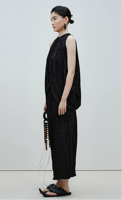ZHUCHONGYUN  Black Jacquard Drawstring Lace-up Sleeveless Top-CHUG.