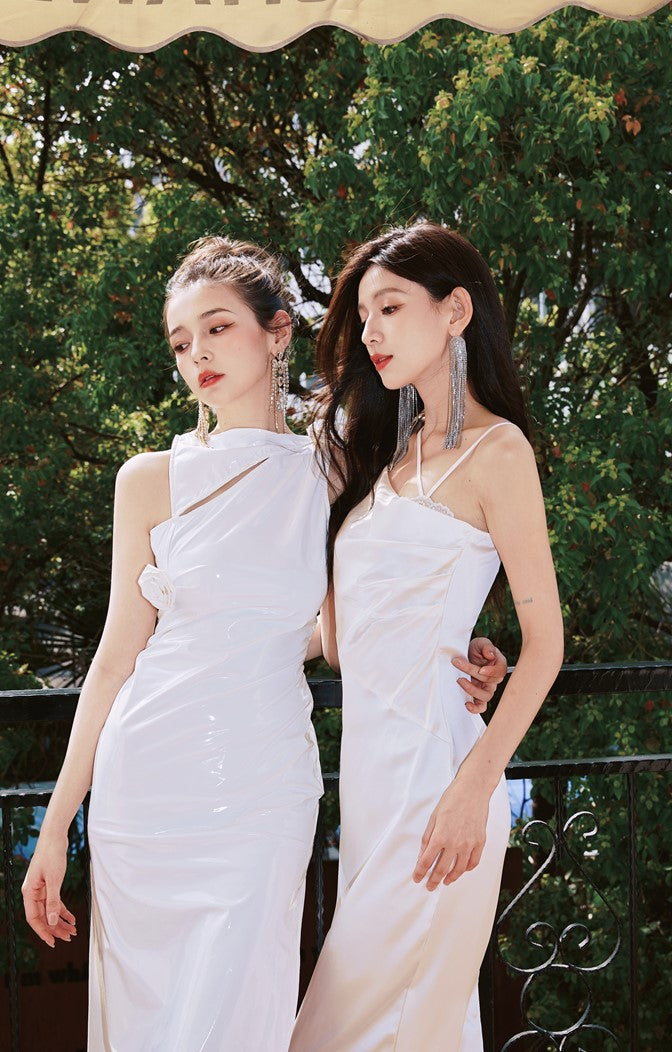 DOLLY Elegant Blue French Style Satin Sleeveless Pleated Hip Long Slit Dinner Dress-AVA