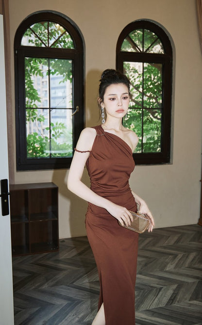 DOLLY High End Caramel Coffee Slant Collar Sleeveless High Waist Long Dinner Dress-CALYPSO  (V)