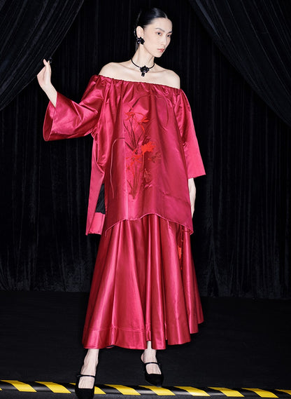 M essential Mackay designer red goldfish bead off shoulder top pleated skirt set- plum.