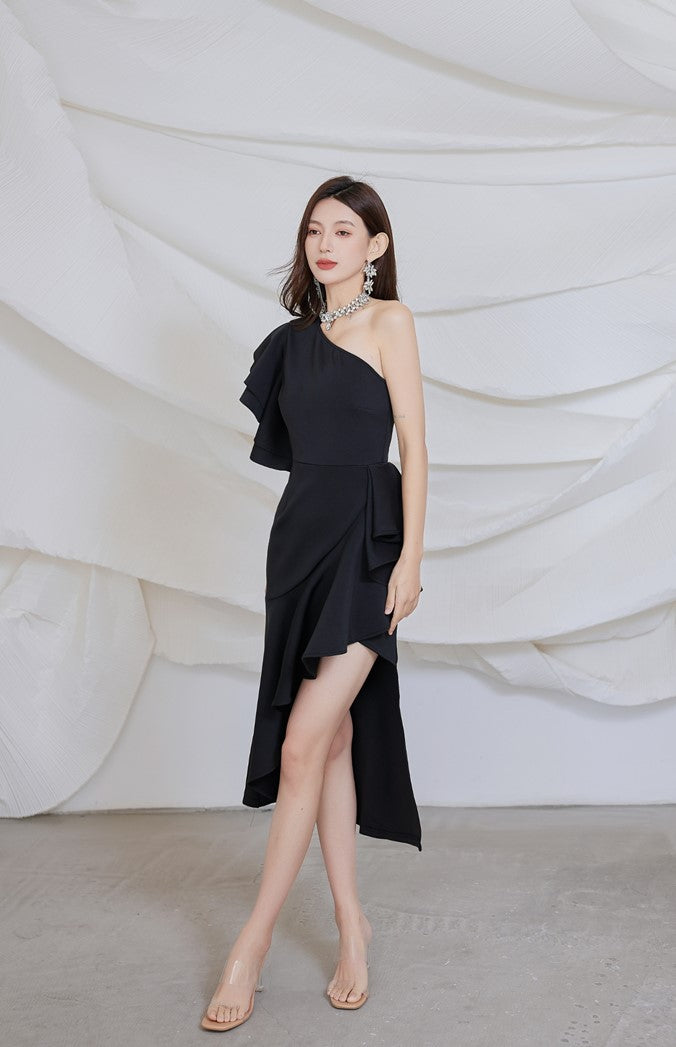 DOLLY Elegant Slant Collar Ruffle Sleeve Slim Fit Midi Irregular Skirt Party Dress-GANGA