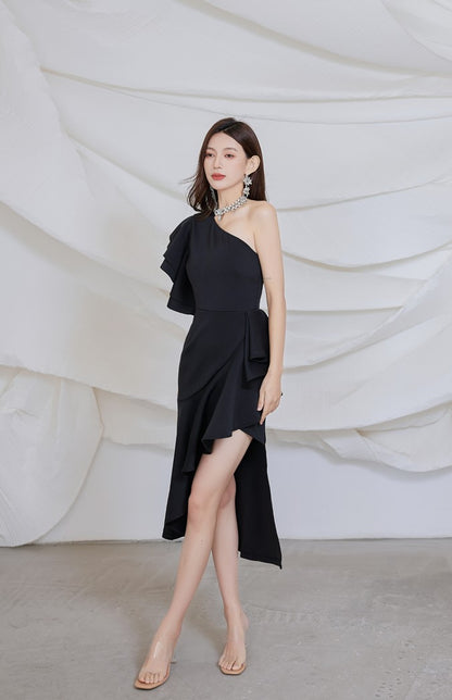 DOLLY Elegant Slant Collar Ruffle Sleeve Slim Fit Midi Irregular Skirt Party Dress-GANGA