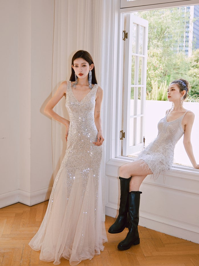 DOLLY Elegant Deep V-Neck Sleeveless Sequin Mesh Long Cocktail Dress-JUSTINA