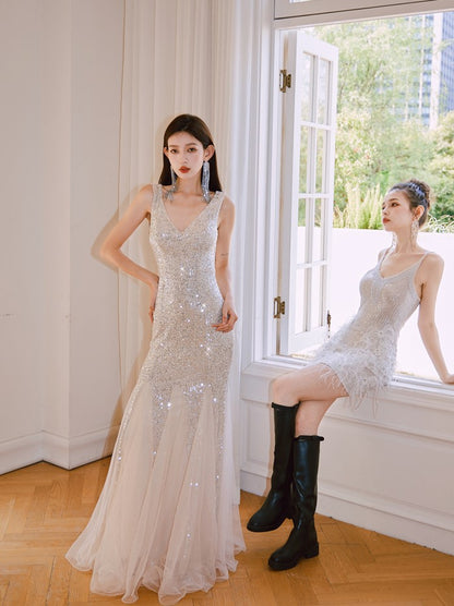 DOLLY Elegant Deep V-Neck Sleeveless Sequin Mesh Long Cocktail Dress-JUSTINA