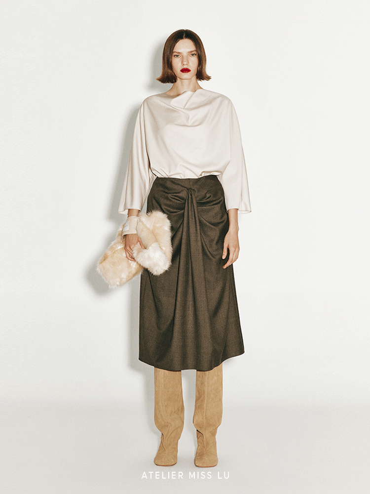 ATELIER MISS LU Drape-Neck Worsted Wool Top - AILEEN