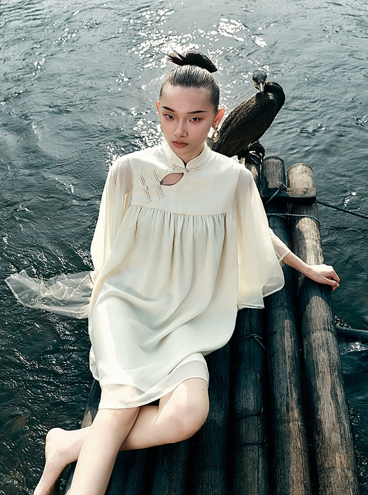 HECO [Feng Wu Clear Sleeves] New Chinese Standing Collar Buckle Flowing Dress- CLOAK.