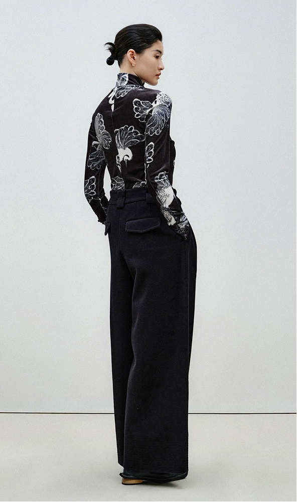 ZHUCHONGYUN Stork Print Slim Suede high neck long sleeve top-HOHEN.