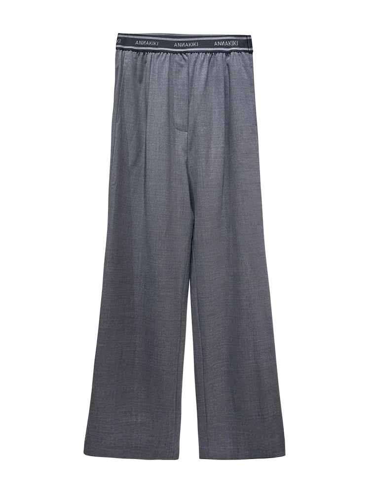 ANNAKIKI designer gray wool elastic waist wide-leg casual trousers-UZUMAKI