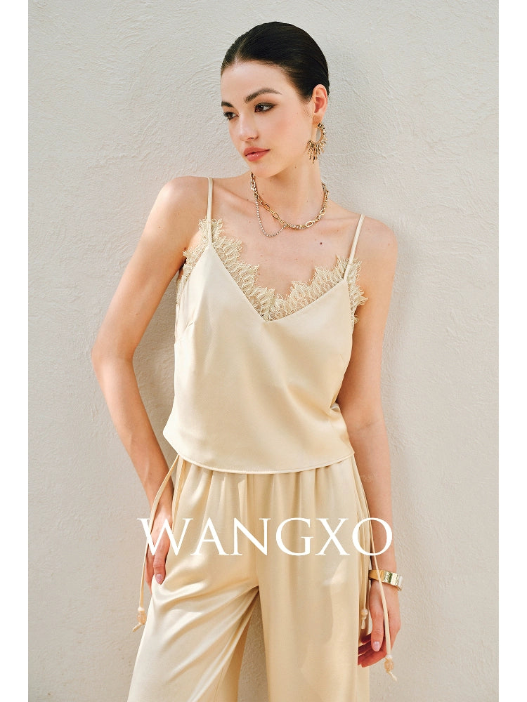 WANGXO | Hemp-Textured Acetate Satin  ight Luxury Lace Suspender, Shirt & Trousers Three-Piece Set- SARI