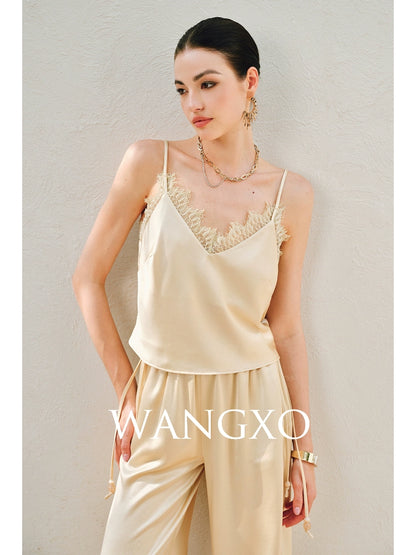 WANGXO | Hemp-Textured Acetate Satin  ight Luxury Lace Suspender, Shirt & Trousers Three-Piece Set- SARI