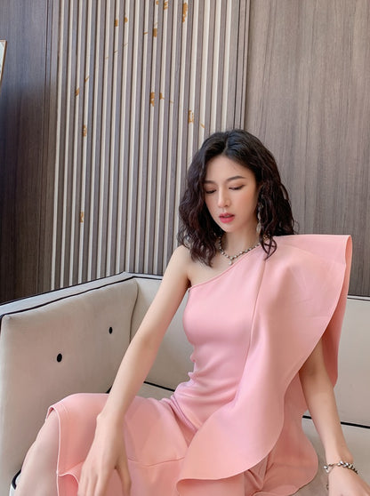 DOLLY Luxury French Style Ruffle One Shoulder Hip Hug Midi Dinner Dress-JEHO