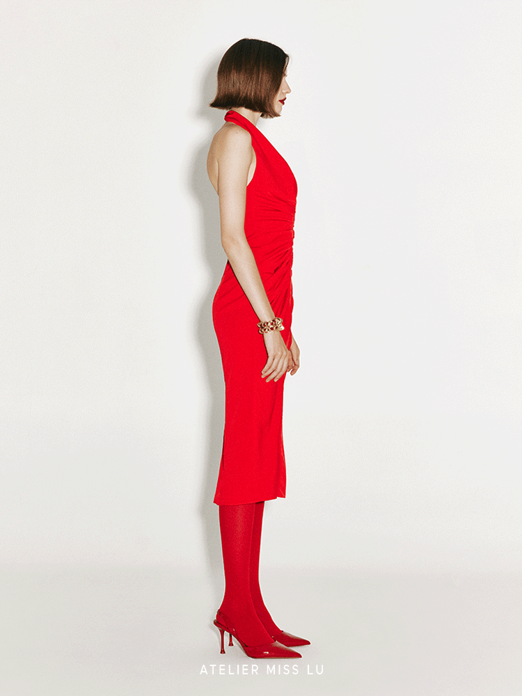 ATELIER MISS LU Fall/Winter ruffled design halterneck backless slim Red dress - STELLA