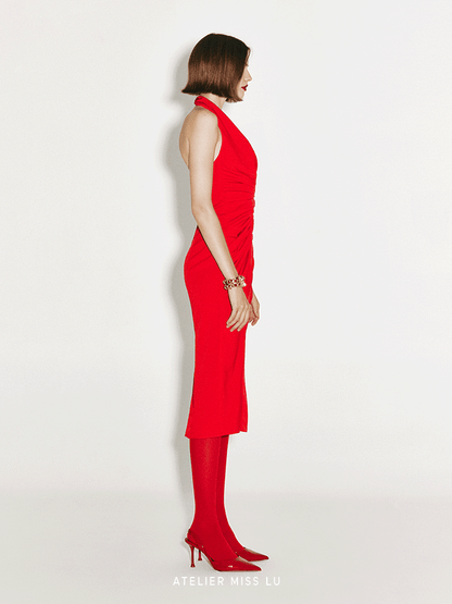 ATELIER MISS LU Fall/Winter ruffled design halterneck backless slim Red dress - STELLA