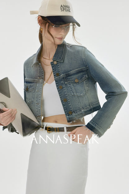 ANNASPEAK Denim  Wash Short Small Long  Denim Jacket-AYO.