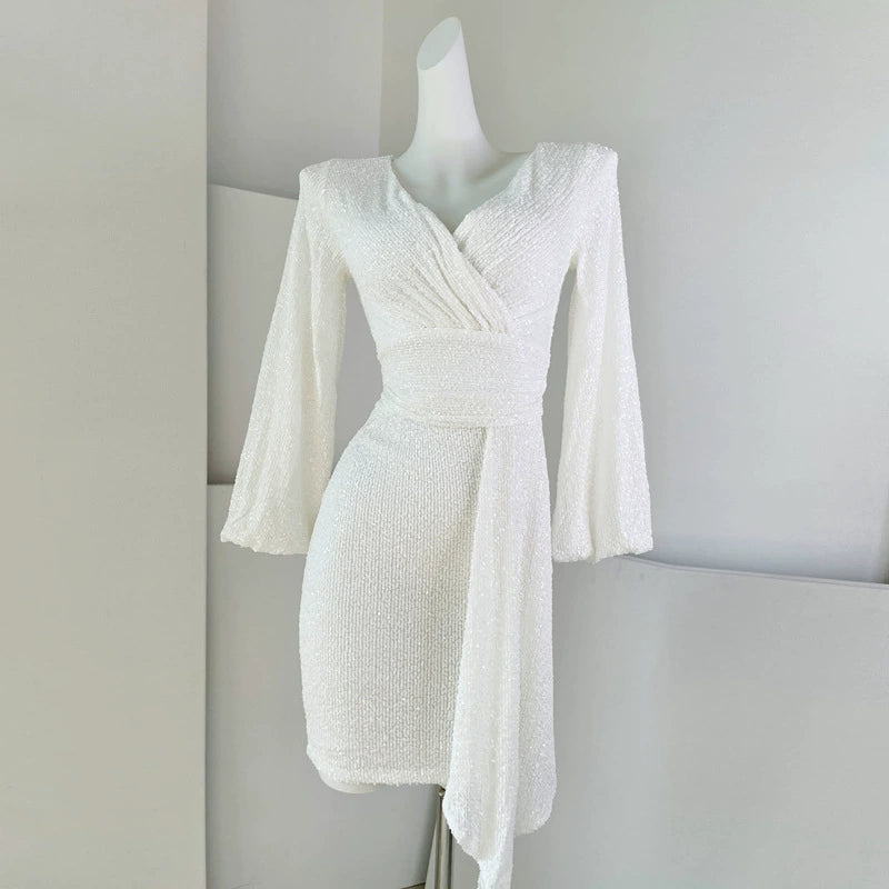 DOLLY Luxury Bright Sequin V-Neck Long Sleeve Short Irregular Hem Dress-WILLOW