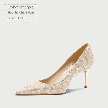PJJUU champagne colored xiuhe pointed toe stiletto shoes  - EMLYN.