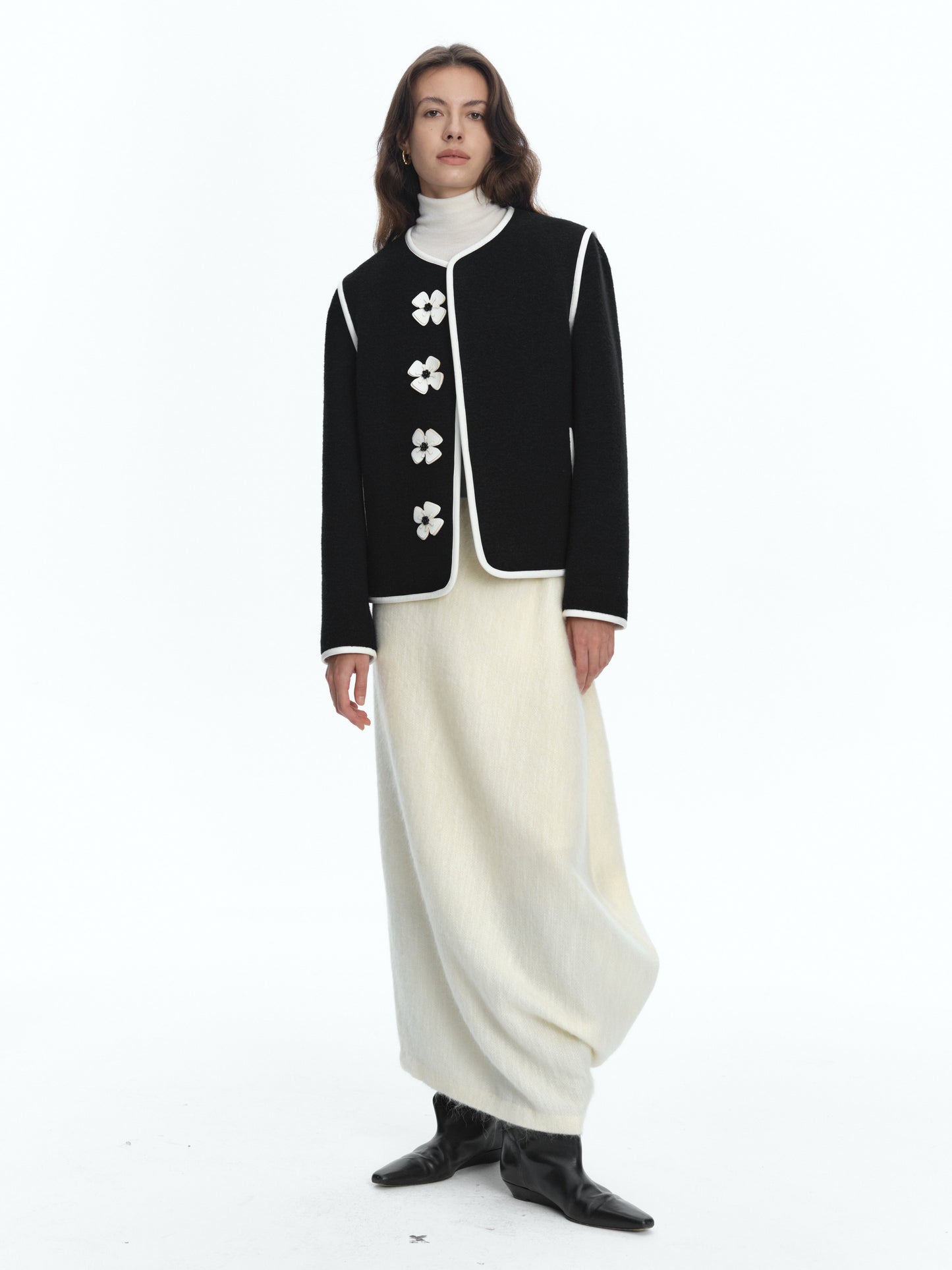 SERRER White leather flower studded black wool coat - LIAM.