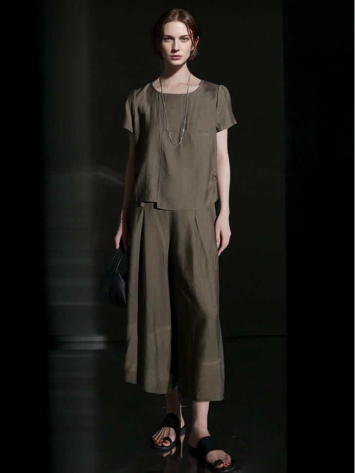 PIAOIN textured linen silk loose wide-leg cropped pants set summer-GISELLE.