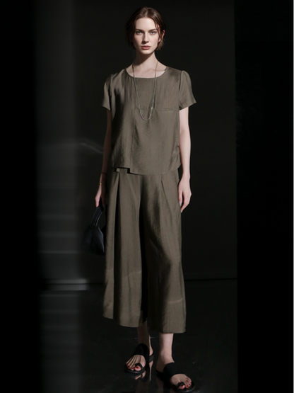 PIAOIN textured linen silk loose wide-leg cropped pants set summer-GISELLE.