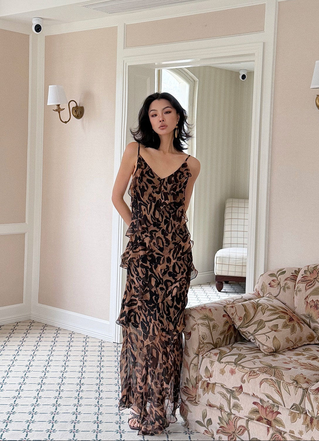MEI SANGUAN Leopard Print V-Neck Retro Lace Dress - ARNOLD