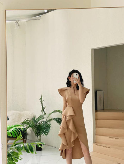 DOLLY Luxury V-Neck Short Sleeve High waist Slim Fit Irregular Hem Date Dress-LISA