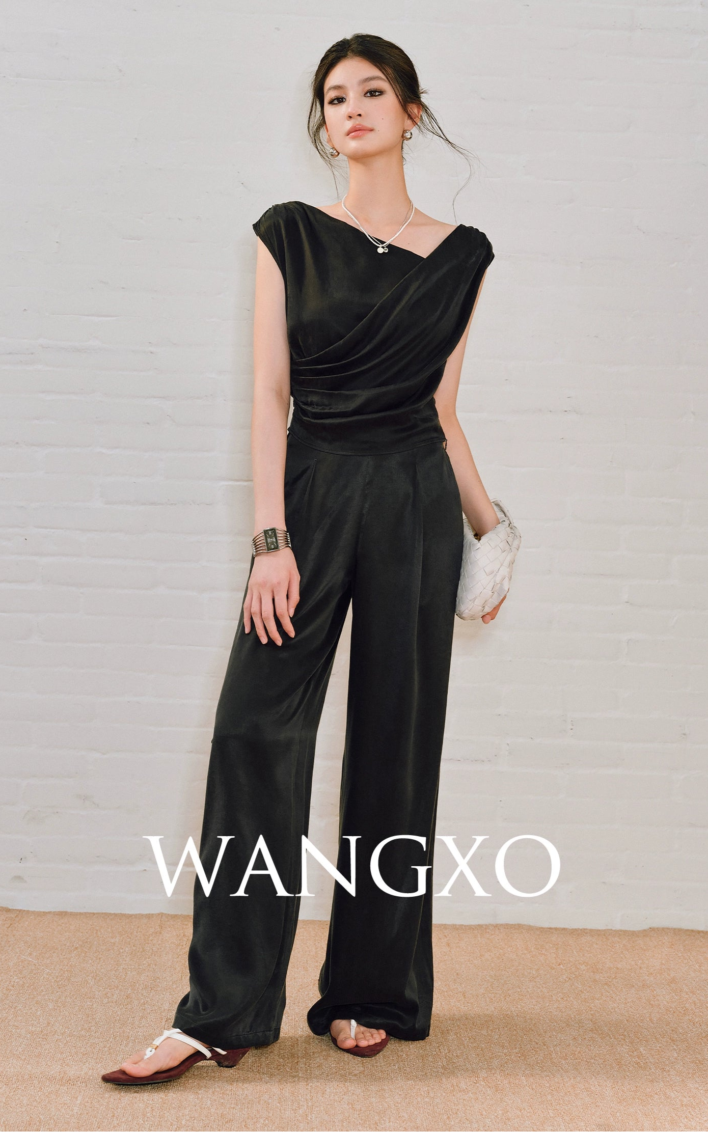 WANGXO | Sleek Cupro Asymmetrical Top and Highwaisted Pants Set -ELENORA.