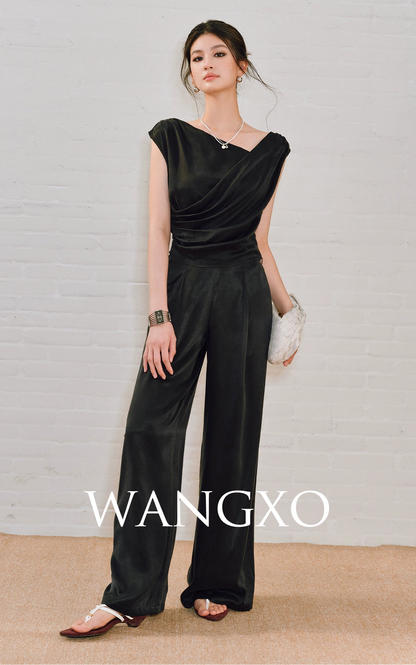 WANGXO | Sleek Cupro Asymmetrical Top and Highwaisted Pants Set -ELENORA.