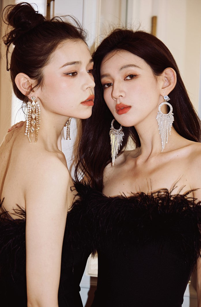 DOLLY High End Black Sleeveless Feather Tube Top Long Flared Pant Jumpsuit-PALMER