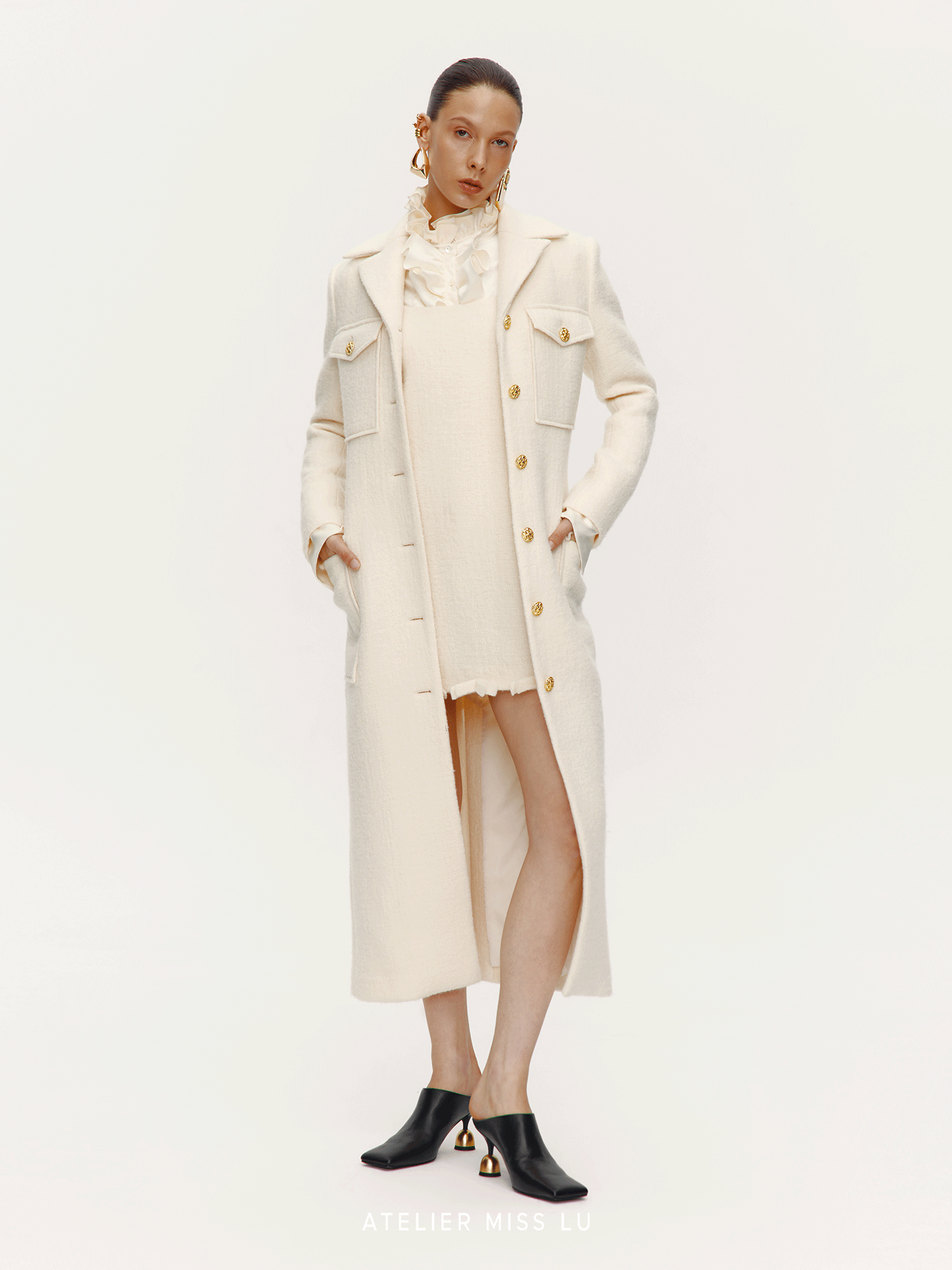 AtelierMissLu Vintage Pocket Design Sheep Wool Long Coat - ADEG.