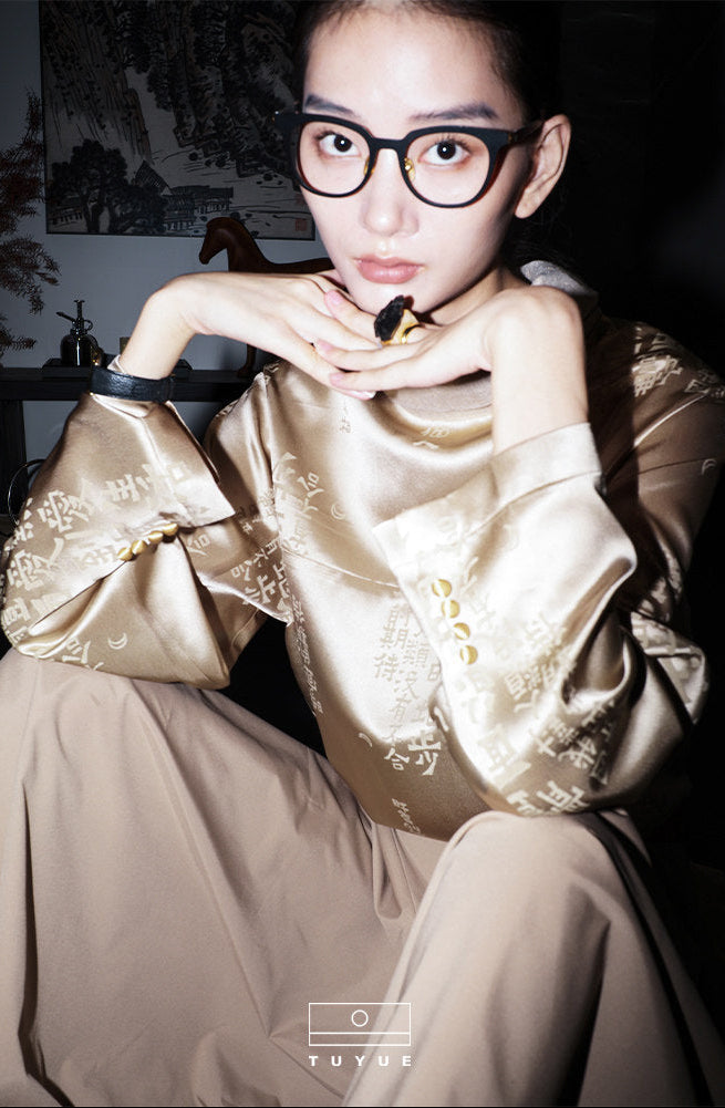 TUYUE Satin Calligraphy Dark Pattern High Neck Breasted Straight Shirt- KAYLA.
