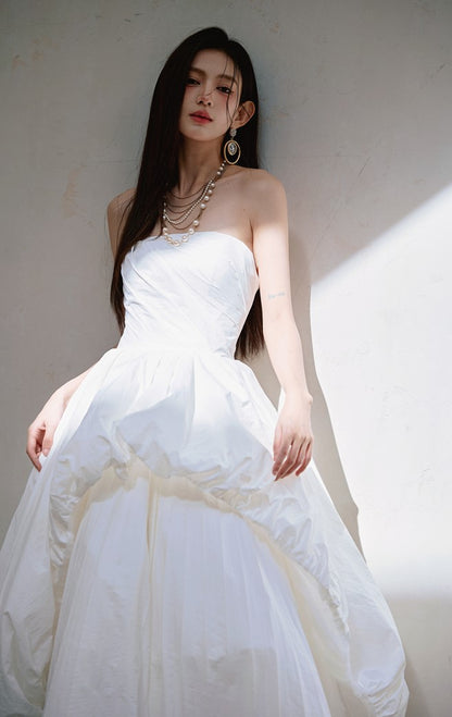 DOLLY Elegant White Tube Top Long Puffy High Waist Wedding Dress-GRACE  (V)